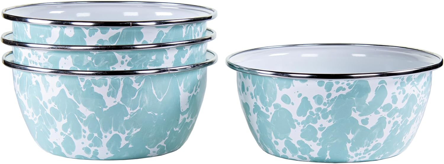 Golden Rabbit Enamelware Salad Bowls, 24 ounce, Sea Glass, Set of 4