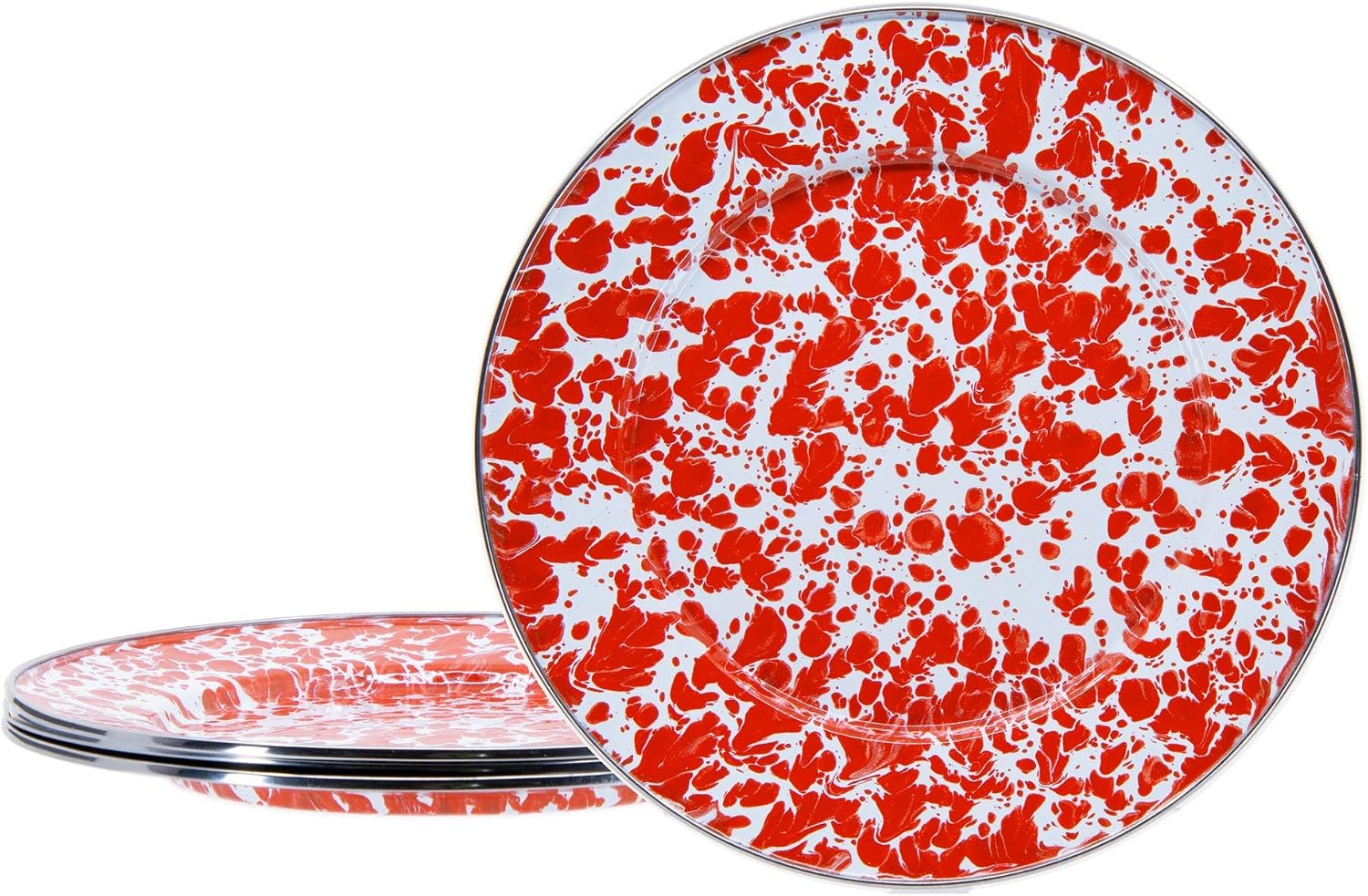 Golden Rabbit Enamelware Dinner Plates, 10.5 inch, Red Swirl, Set of 4