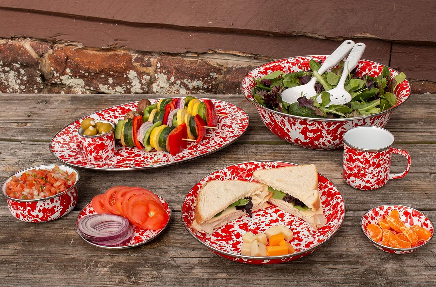 Golden Rabbit Enamelware Dinner Plates, 10.5 inch, Red Swirl, Set of 4