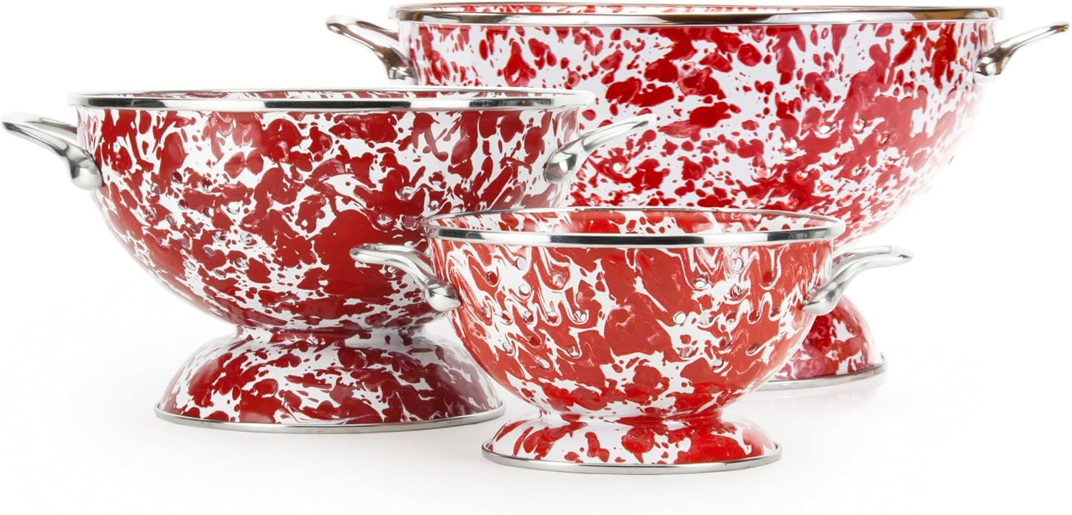 Golden Rabbit Enamelware - Set of 3 Colanders (Red Swirl)