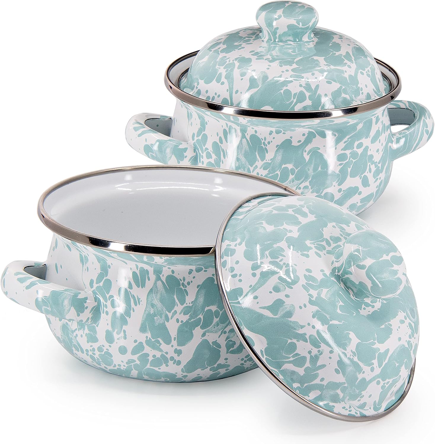 Golden Rabbit Enamelware Petite Tureens Pots, 16 ounce, Sea Glass, Set of 2