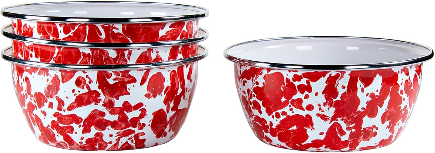 Golden Rabbit Enamelware Salad Bowls, 24 ounce, Red Swirl, Set of 4