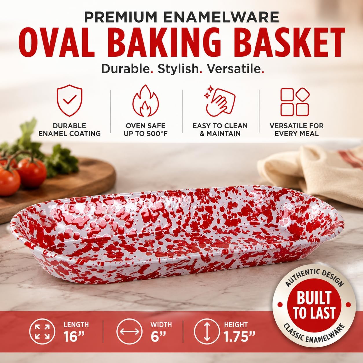 Golden Rabbit Enamelware Oval Basket, 16 x 6 inch, Red Swirl