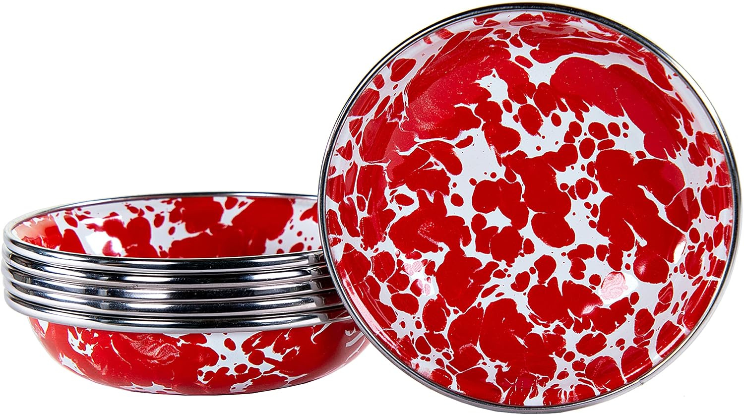Golden Rabbit Enamelware Tasting Dish Bowls, 4 ounce, Red Swirl, Set of 6