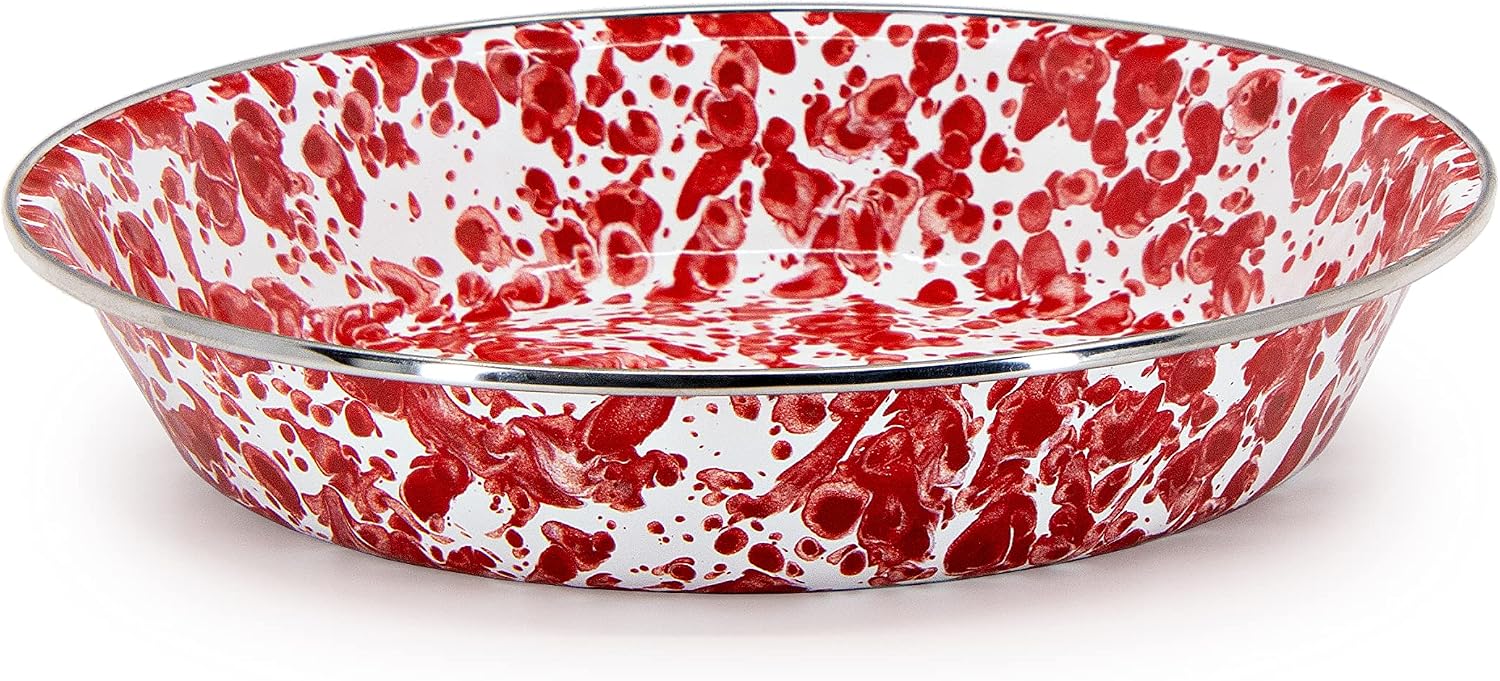 Golden Rabbit Enamelware Pie Pan Plate, 10 inch, Red Swirl