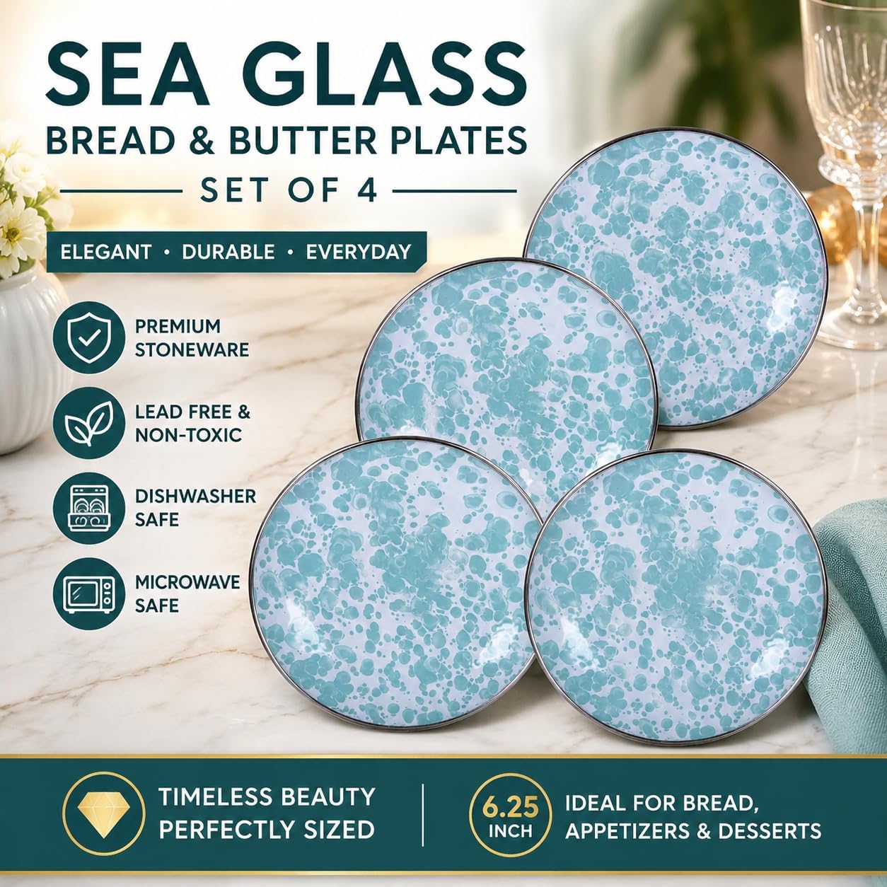Golden Rabbit Enamelware Appetizer Plates, 6 inch, Sea Glass, Set of 4