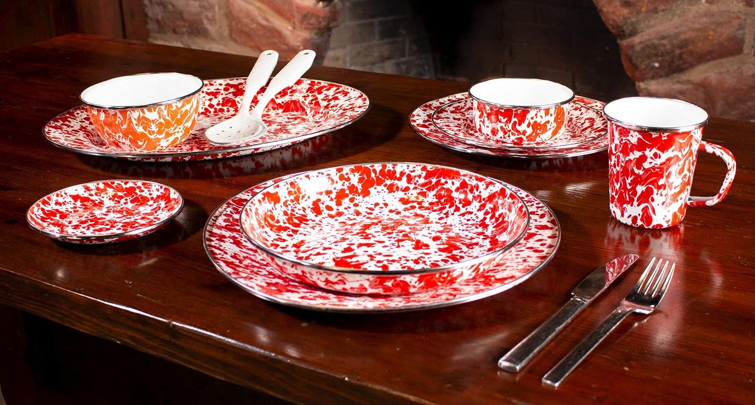 Golden Rabbit Enamelware Chargers, 12.5 inch, Red Swirl, Set of 2