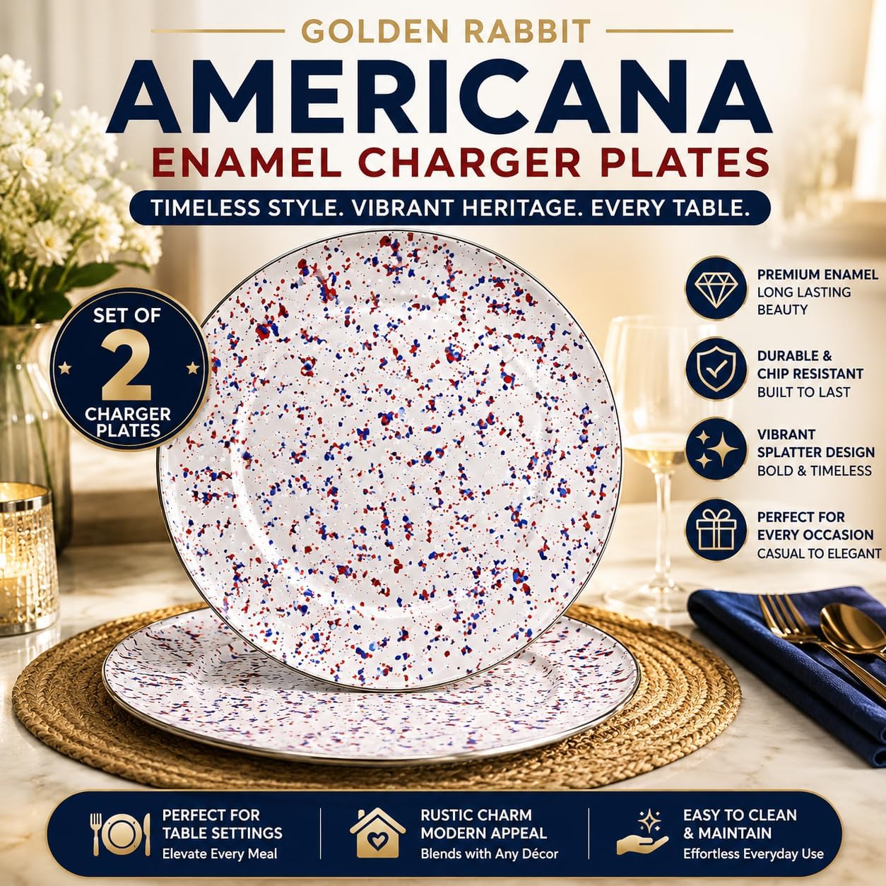 Golden Rabbit Enamelware Chargers, 12.5 inch, Americana, Set of 2