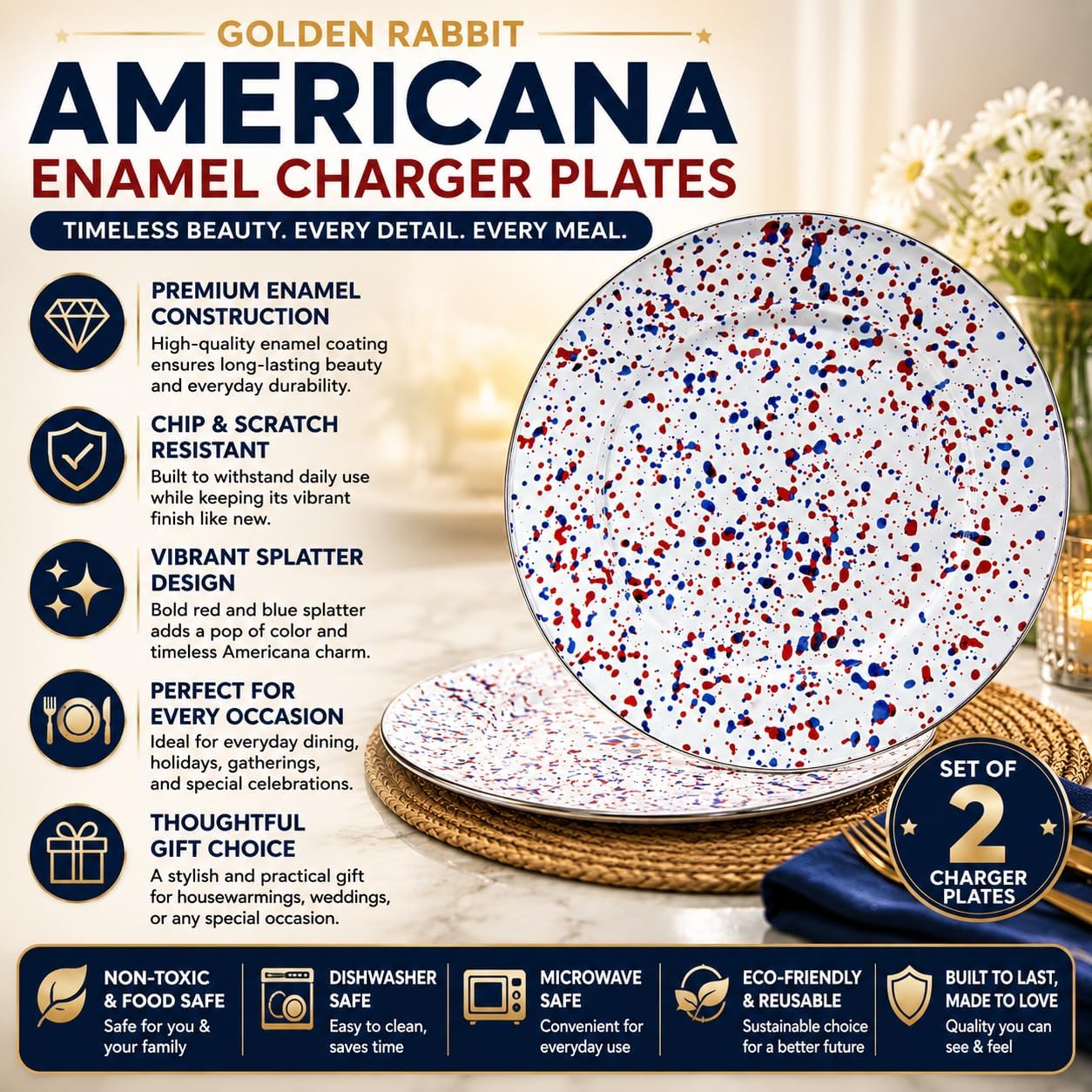 Golden Rabbit Enamelware Chargers, 12.5 inch, Americana, Set of 2