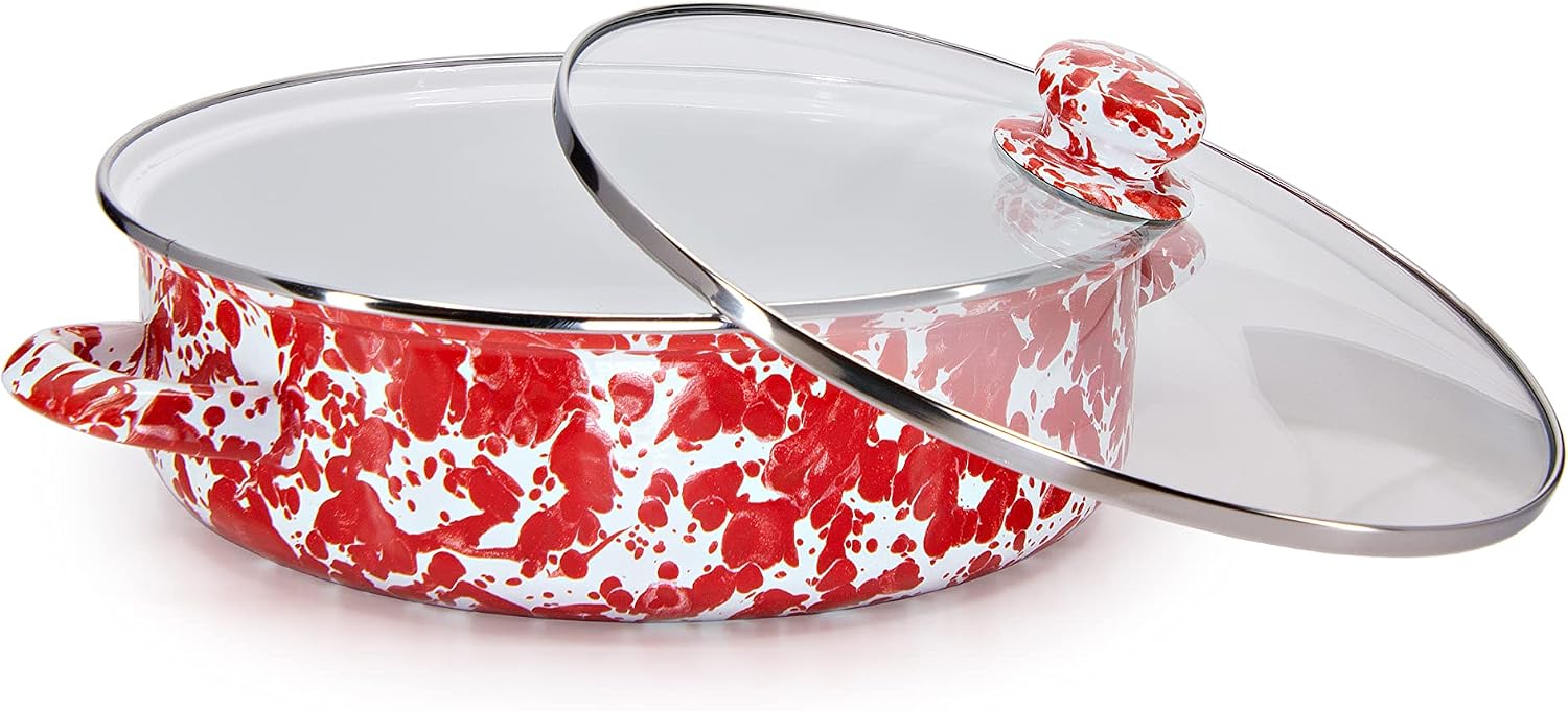 Golden Rabbit Enamelware Saute Pan, 3 quart, Red Swirl
