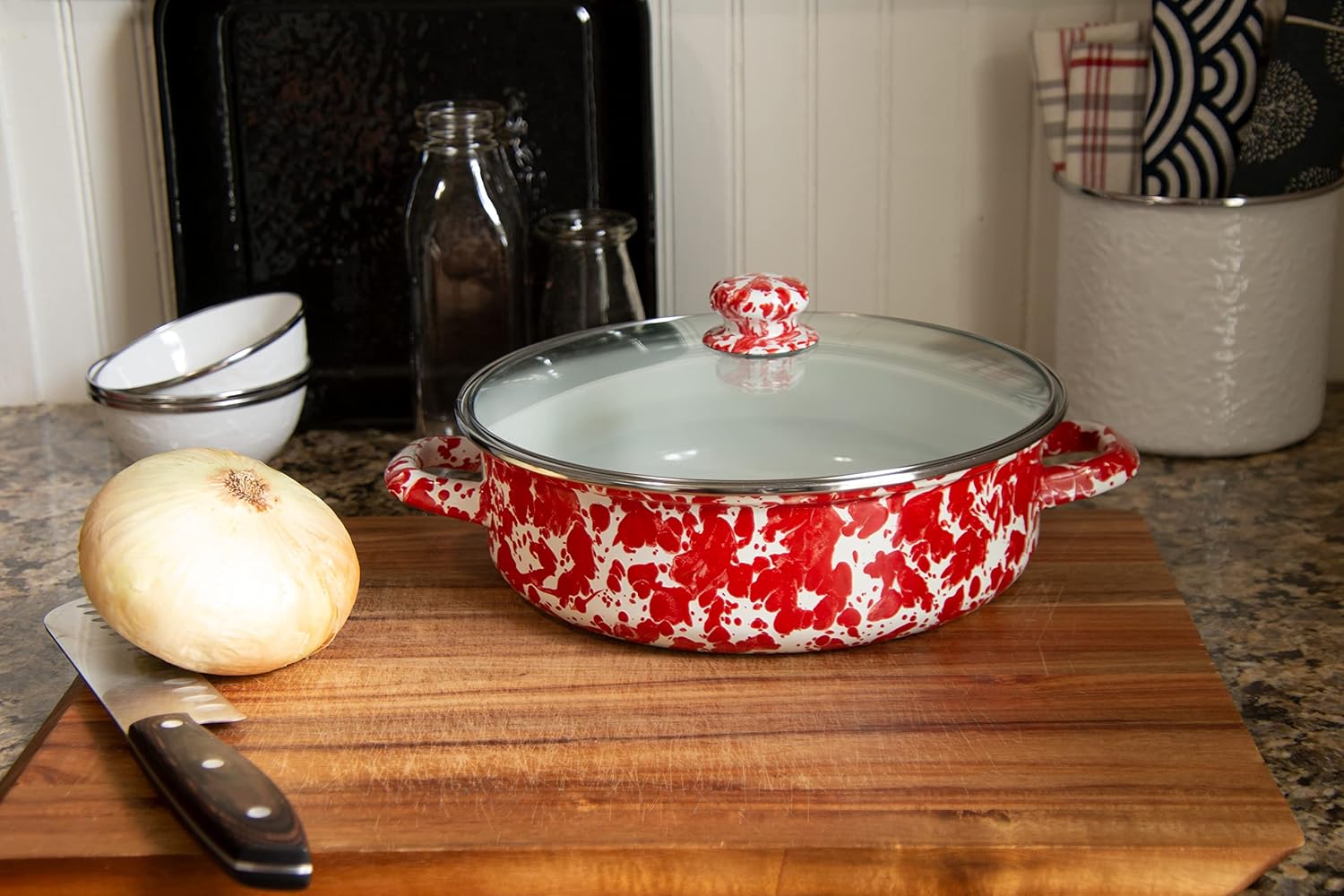 Golden Rabbit Enamelware Saute Pan, 3 quart, Red Swirl