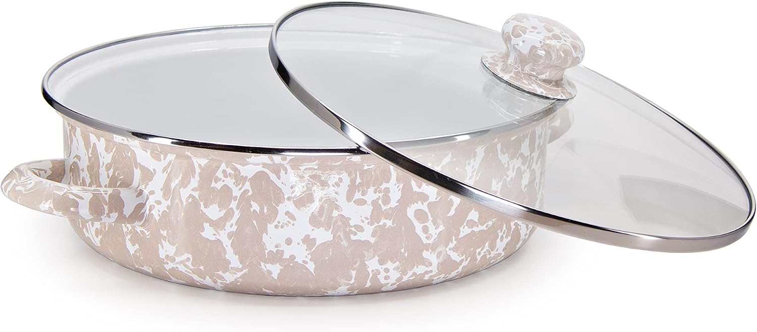 Golden Rabbit Enamelware Saute Pan, 3 quart, Taupe Swirl