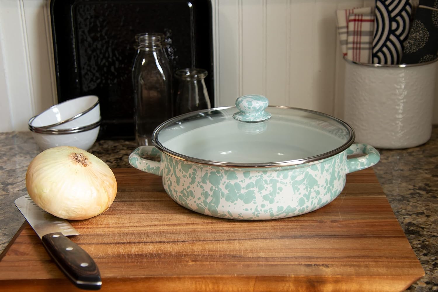 Golden Rabbit Enamelware Saute Pan, 3 quart, Sea Glass