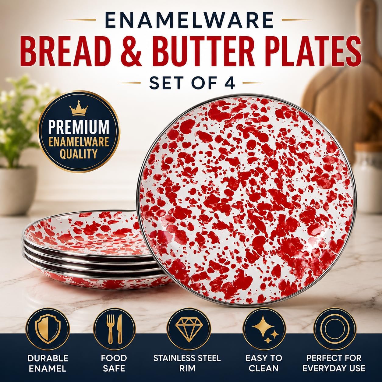 Golden Rabbit Enamelware Appetizer Plates, 6 inch, Red Swirl, Set of 4