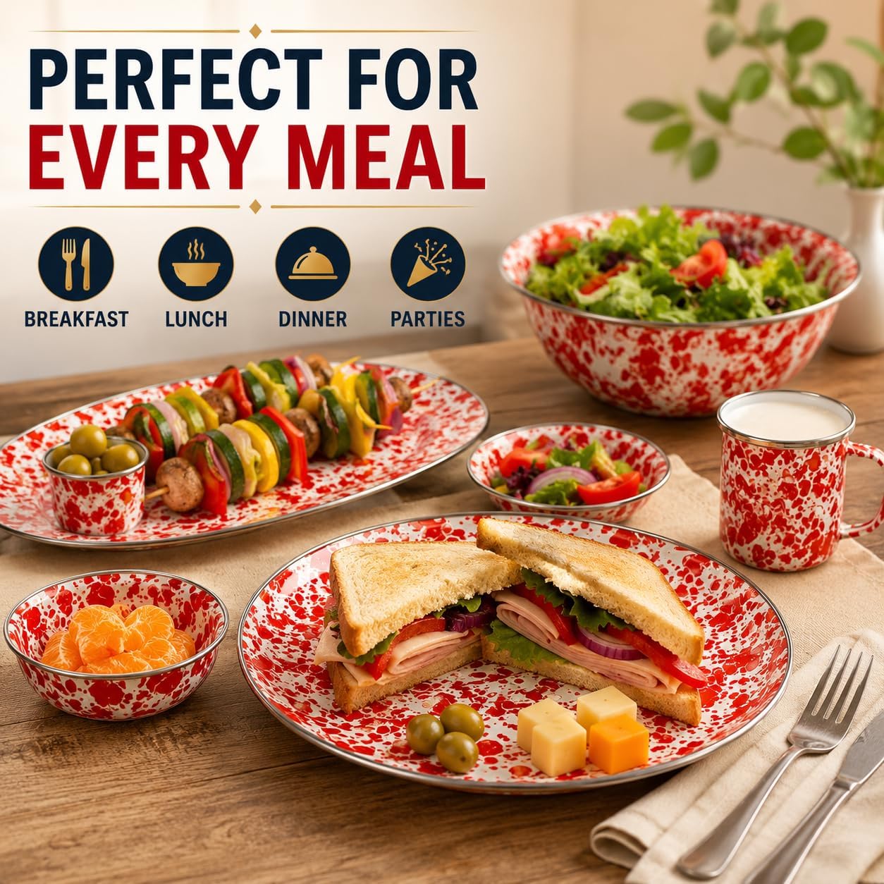 Golden Rabbit Enamelware Appetizer Plates, 6 inch, Red Swirl, Set of 4