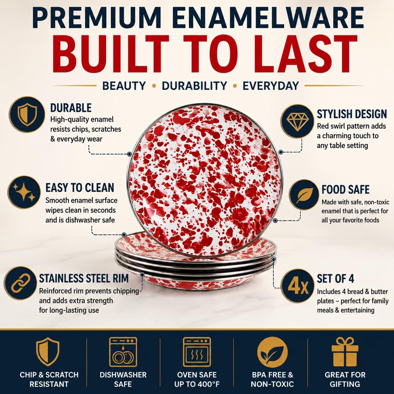 Golden Rabbit Enamelware Appetizer Plates, 6 inch, Red Swirl, Set of 4