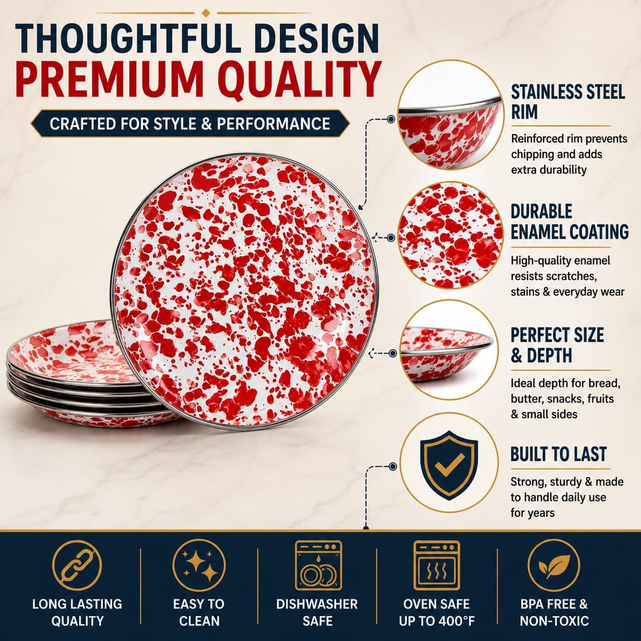Golden Rabbit Enamelware Appetizer Plates, 6 inch, Red Swirl, Set of 4