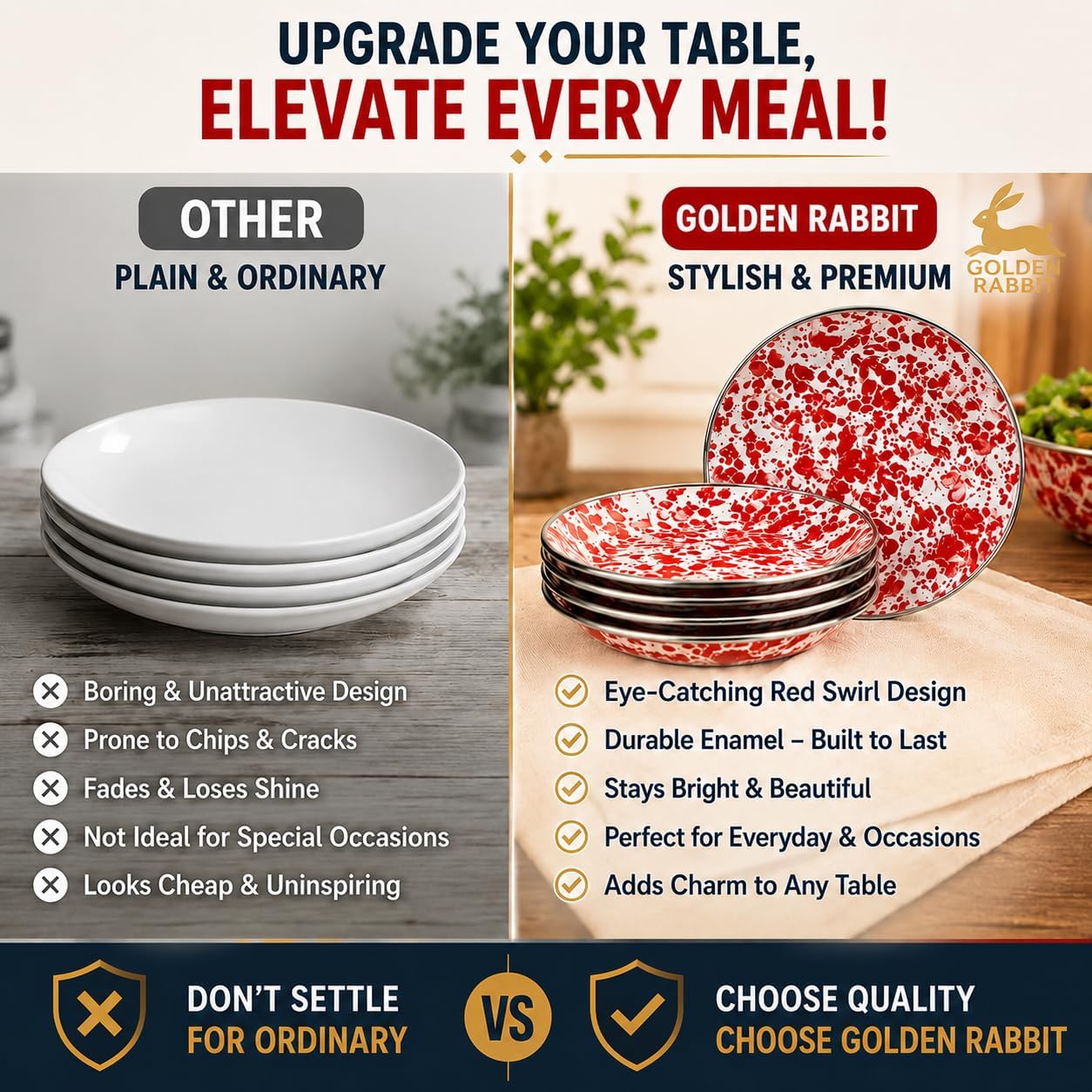 Golden Rabbit Enamelware Appetizer Plates, 6 inch, Red Swirl, Set of 4