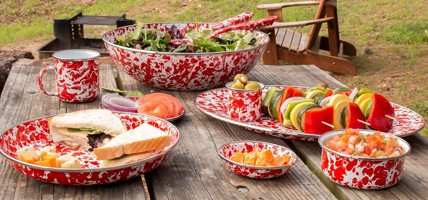 Golden Rabbit Enamelware Catering Bowl, 5 quart, Red Swirl