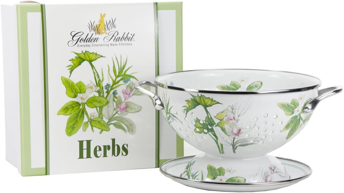 Golden Rabbit Enamelware Colander and Drip Plate Gift Set, Herbs