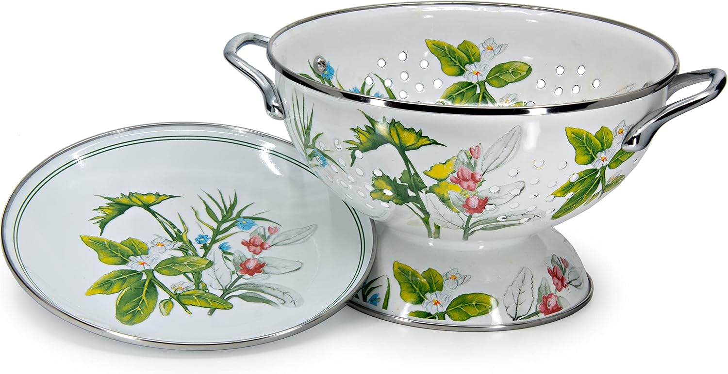 Golden Rabbit Enamelware Colander and Drip Plate Gift Set, Herbs