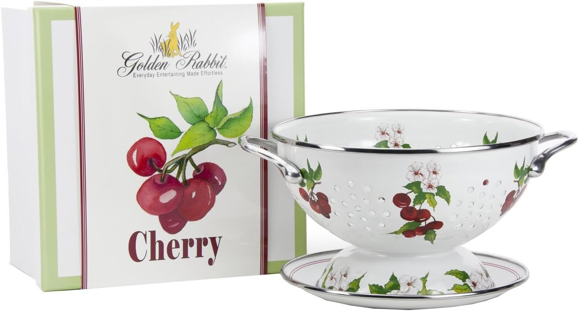 Golden Rabbit Enamelware Colander and Drip Plate Gift Set, Cherry