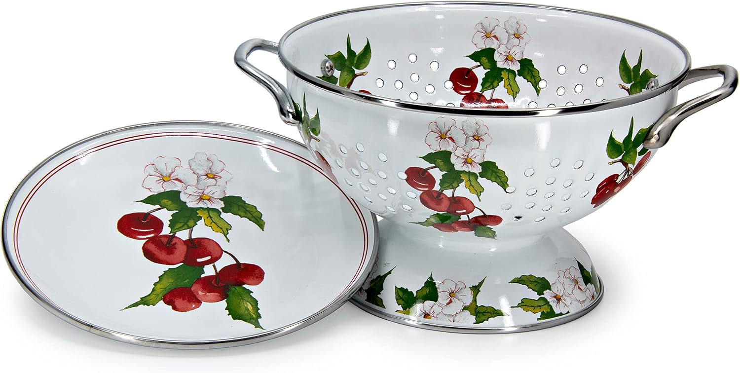 Golden Rabbit Enamelware Colander and Drip Plate Gift Set, Cherry
