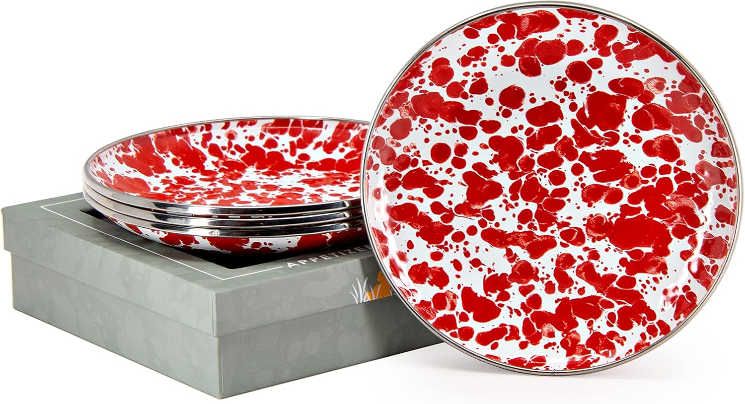 Golden Rabbit Enamelware Appetizer Plate Gift Set, Set of 4, Red Swirl