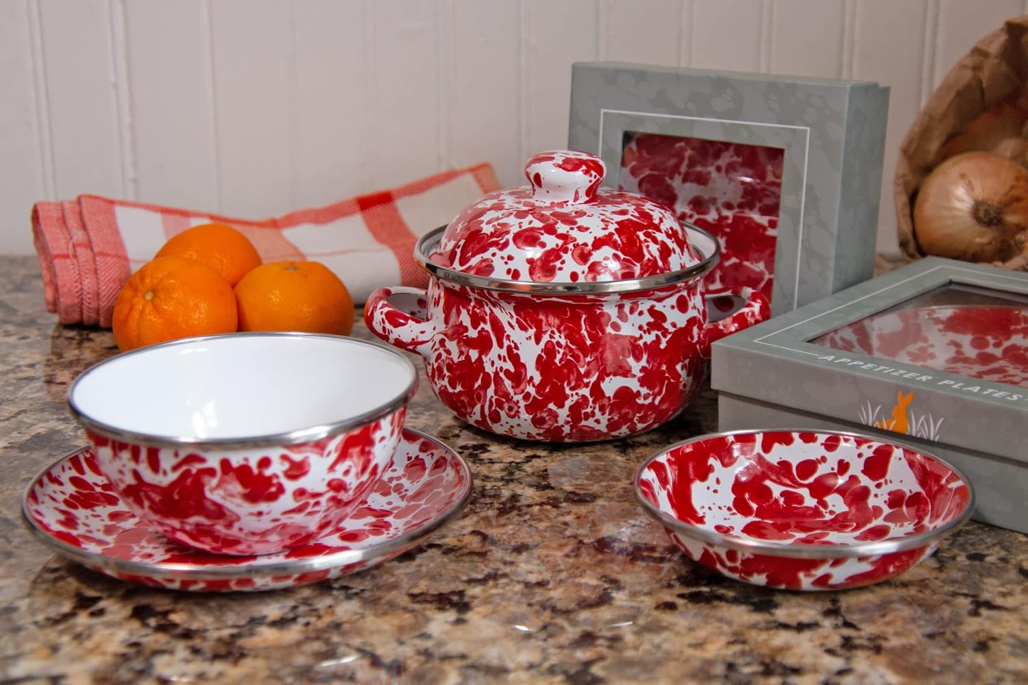 Golden Rabbit Enamelware Appetizer Plate Gift Set, Set of 4, Red Swirl
