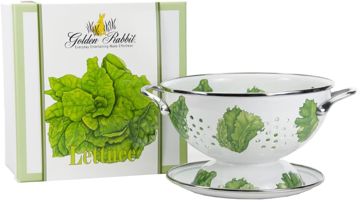 Golden Rabbit Enamelware Colander and Drip Plate Gift Set, Lettuce