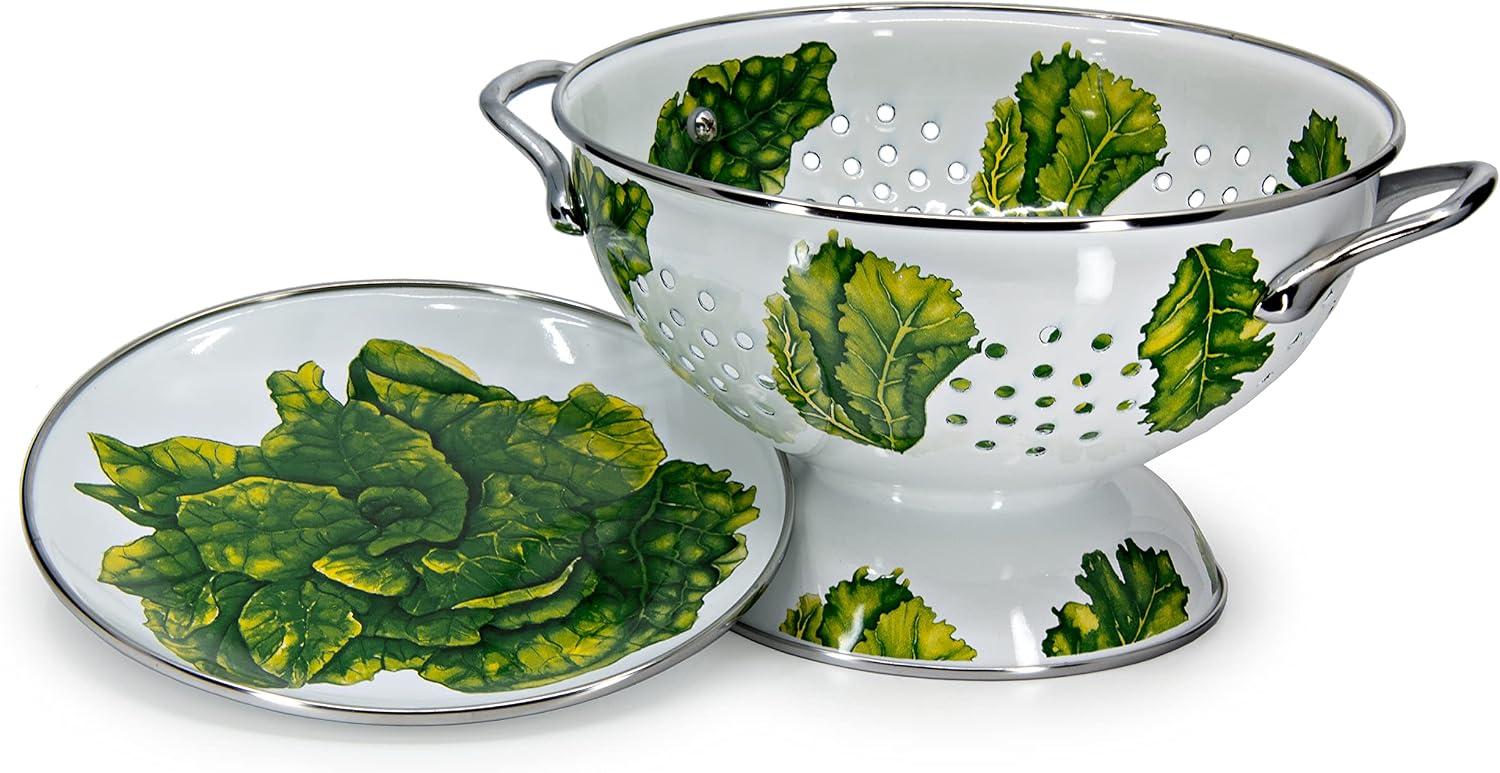 Golden Rabbit Enamelware Colander and Drip Plate Gift Set, Lettuce