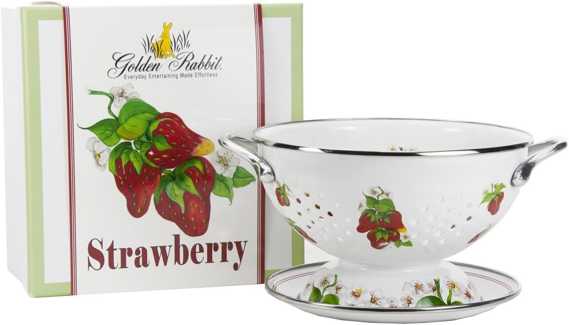 Golden Rabbit Enamelware Colander and Drip Plate Gift Set, Strawberry