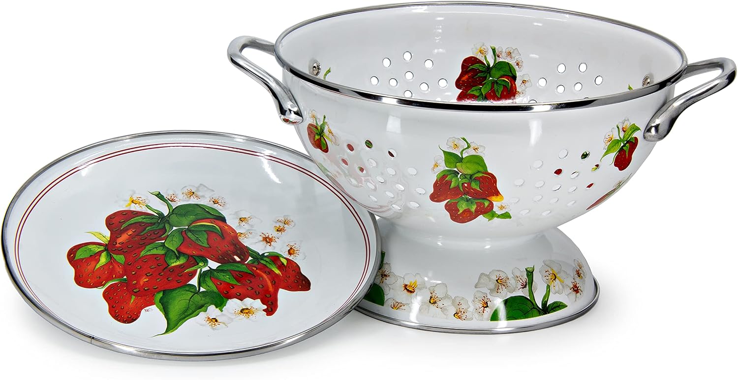 Golden Rabbit Enamelware Colander and Drip Plate Gift Set, Strawberry