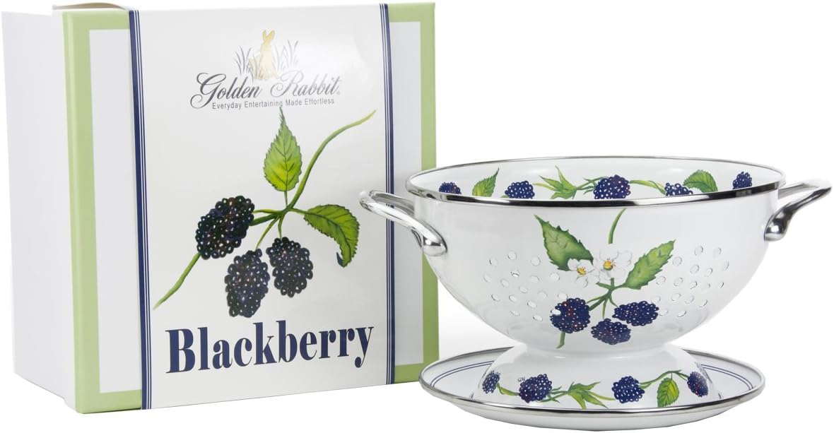Golden Rabbit Enamelware Colander and Drip Plate Gift Set, Blackberry