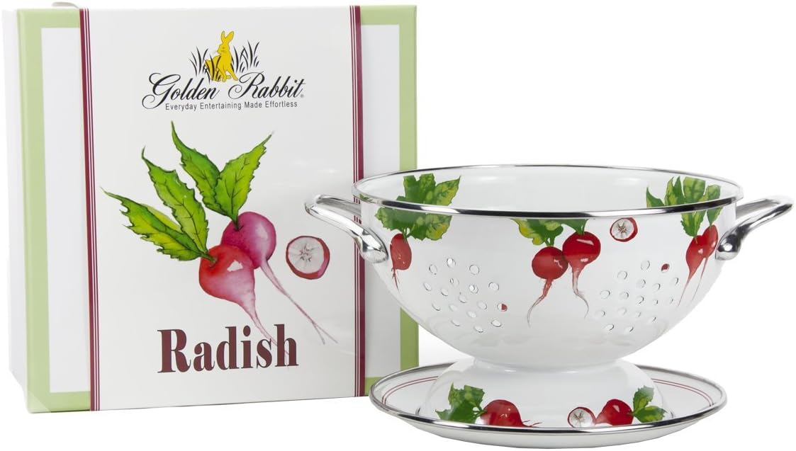 Golden Rabbit Enamelware Colander and Drip Plate Gift Set, Radish