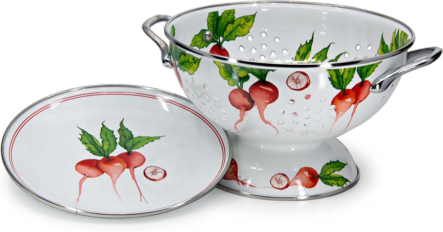 Golden Rabbit Enamelware Colander and Drip Plate Gift Set, Radish