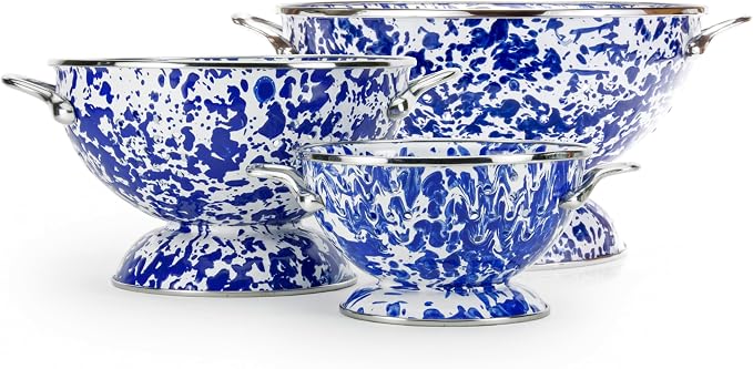 Golden Rabbit Enamelware Set of 3 Colanders: 1qt, 3qt and 5qt, Cobalt Swirl