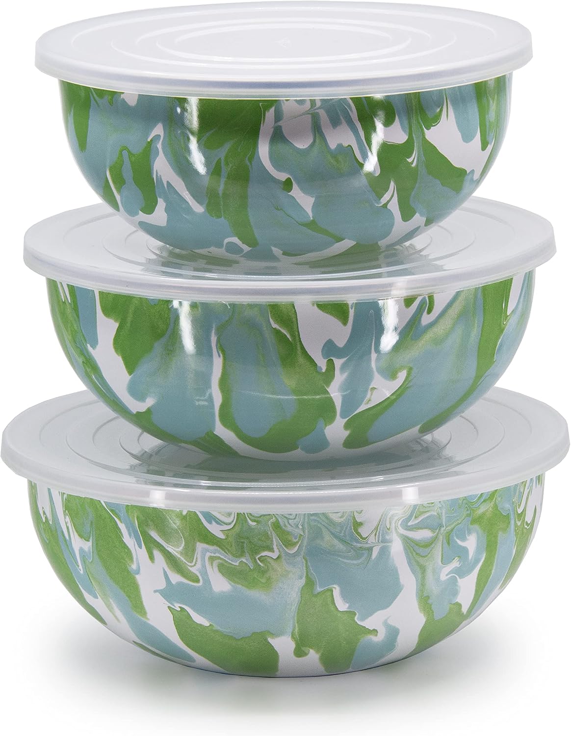 Golden Rabbit Enamelware Nested Mixing Bowls with Lids, Set of 3, Modern Monet