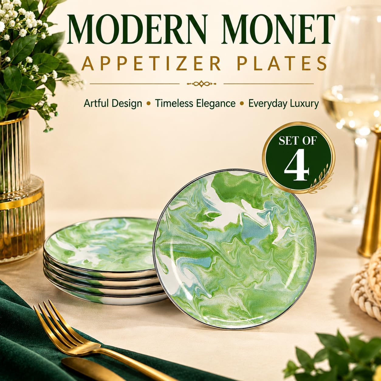 Golden Rabbit Enamelware Appetizer Plates, 6 inch, Modern Monet, Set of 4
