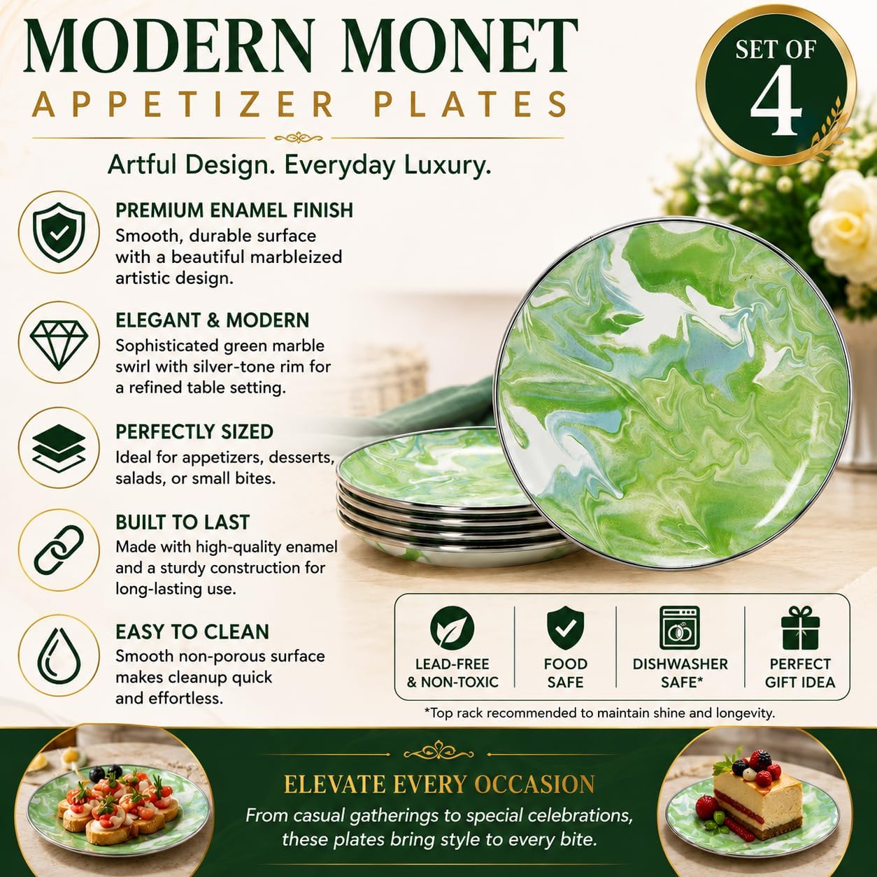 Golden Rabbit Enamelware Appetizer Plates, 6 inch, Modern Monet, Set of 4
