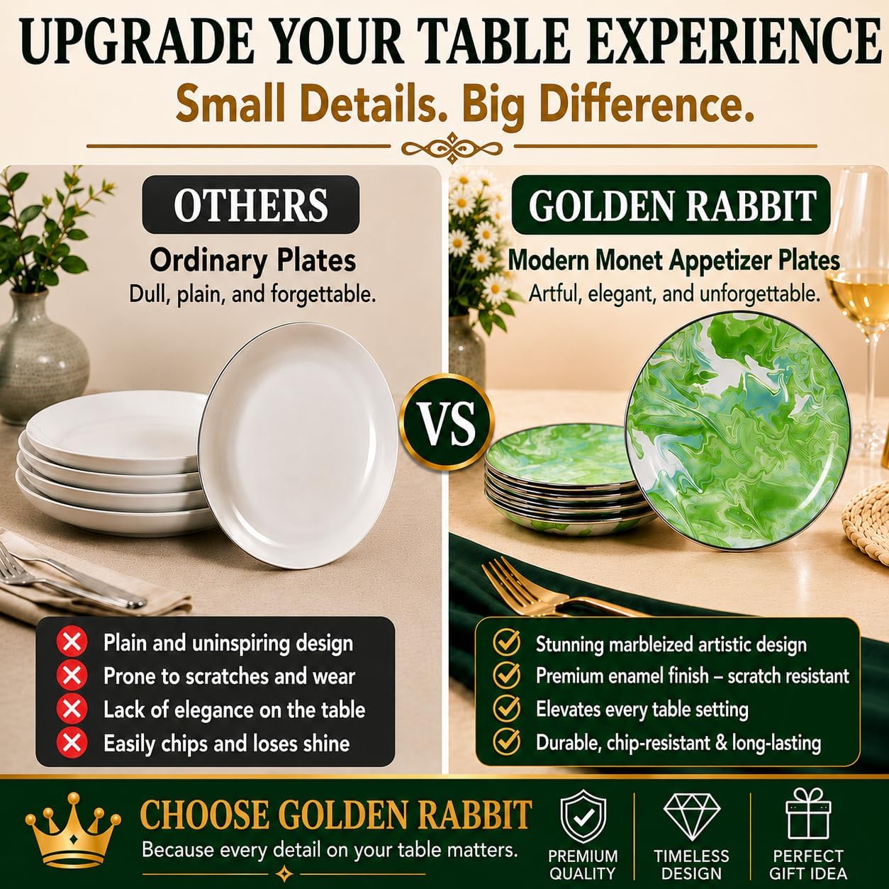 Golden Rabbit Enamelware Appetizer Plates, 6 inch, Modern Monet, Set of 4