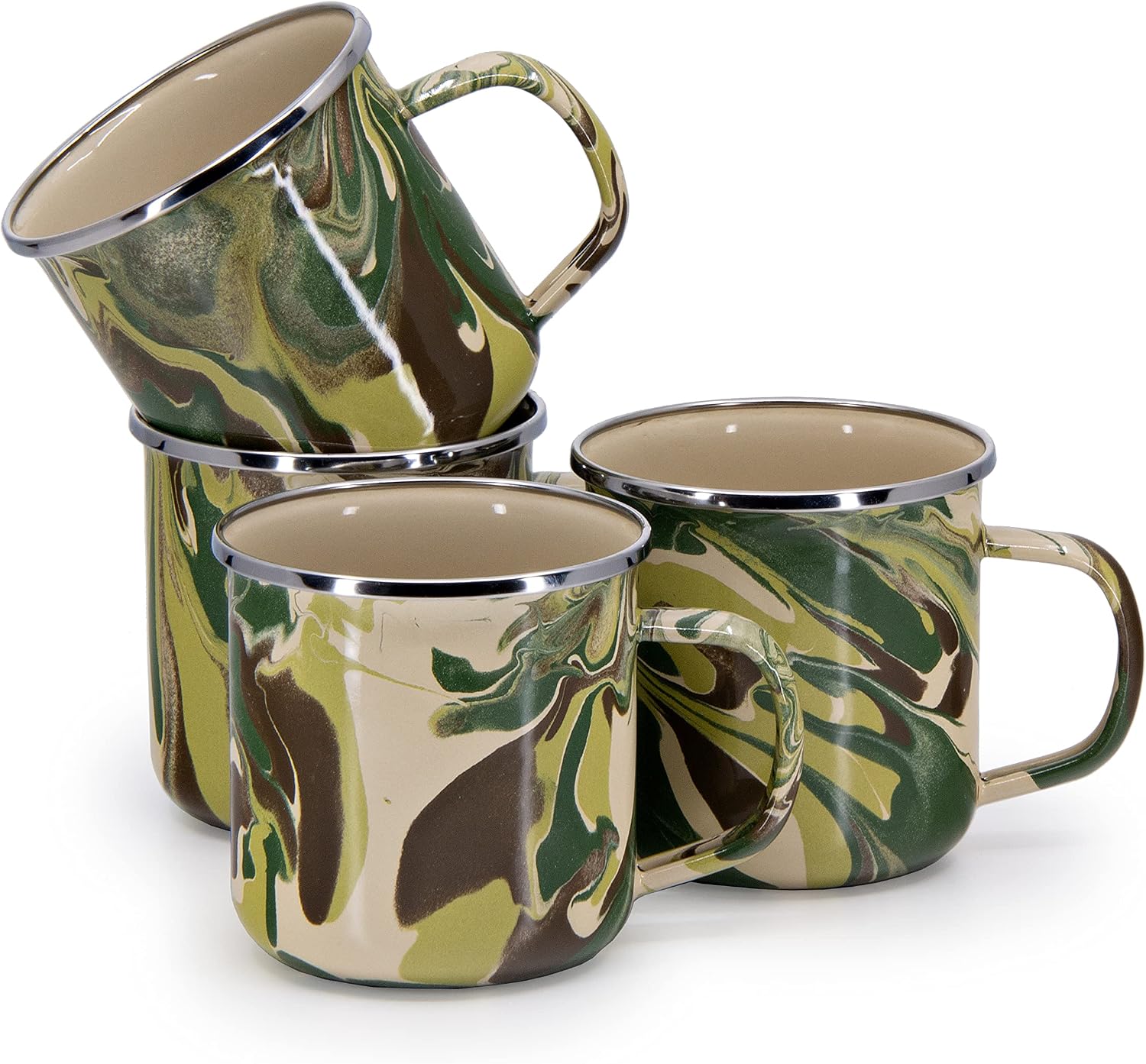Golden Rabbit Enamelware Coffee or Tea Mugs, 12 ounce, Camouflage, Set of 4