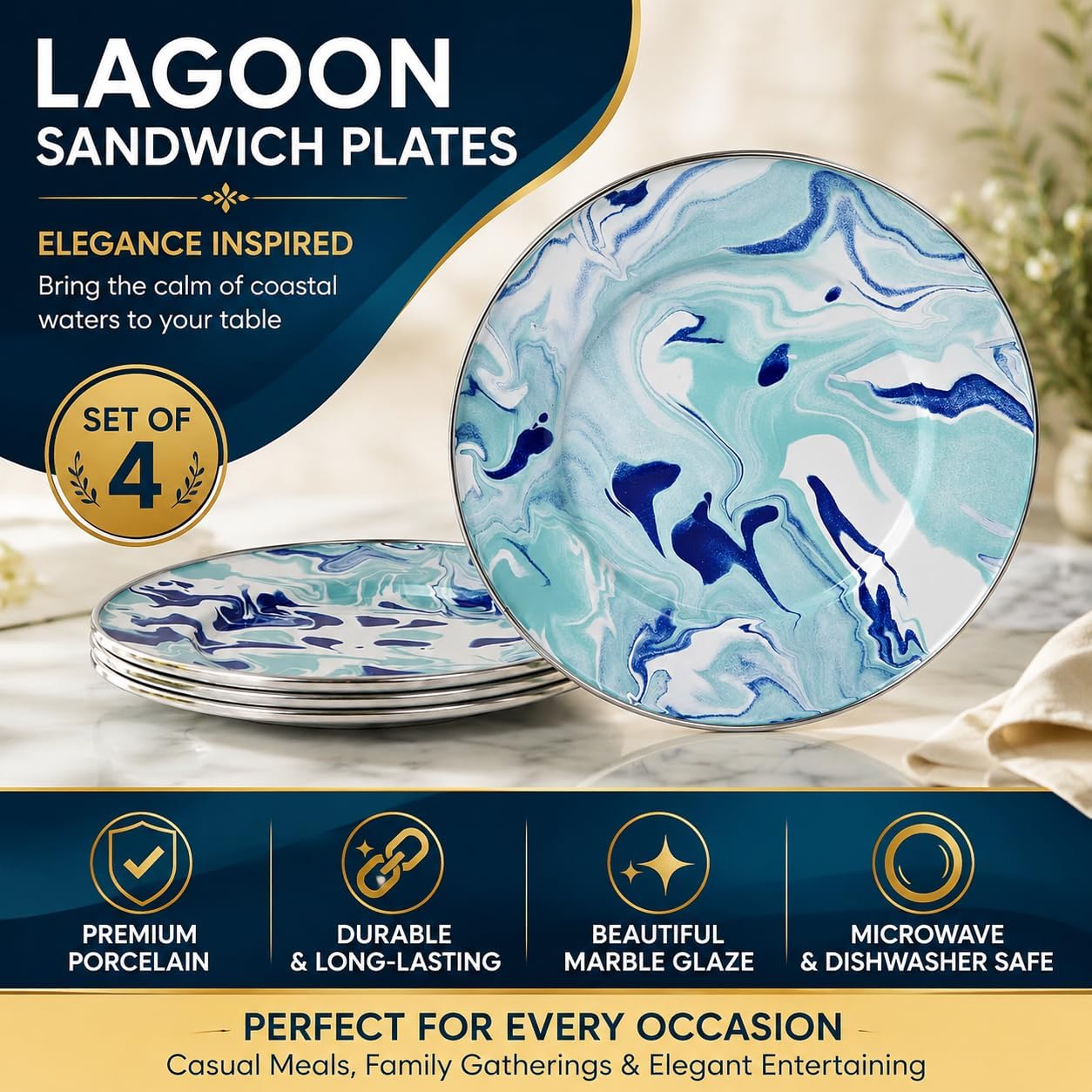 Golden Rabbit Enamelware Sandwich Plates, 8.5 inch, Lagoon, Set of 4