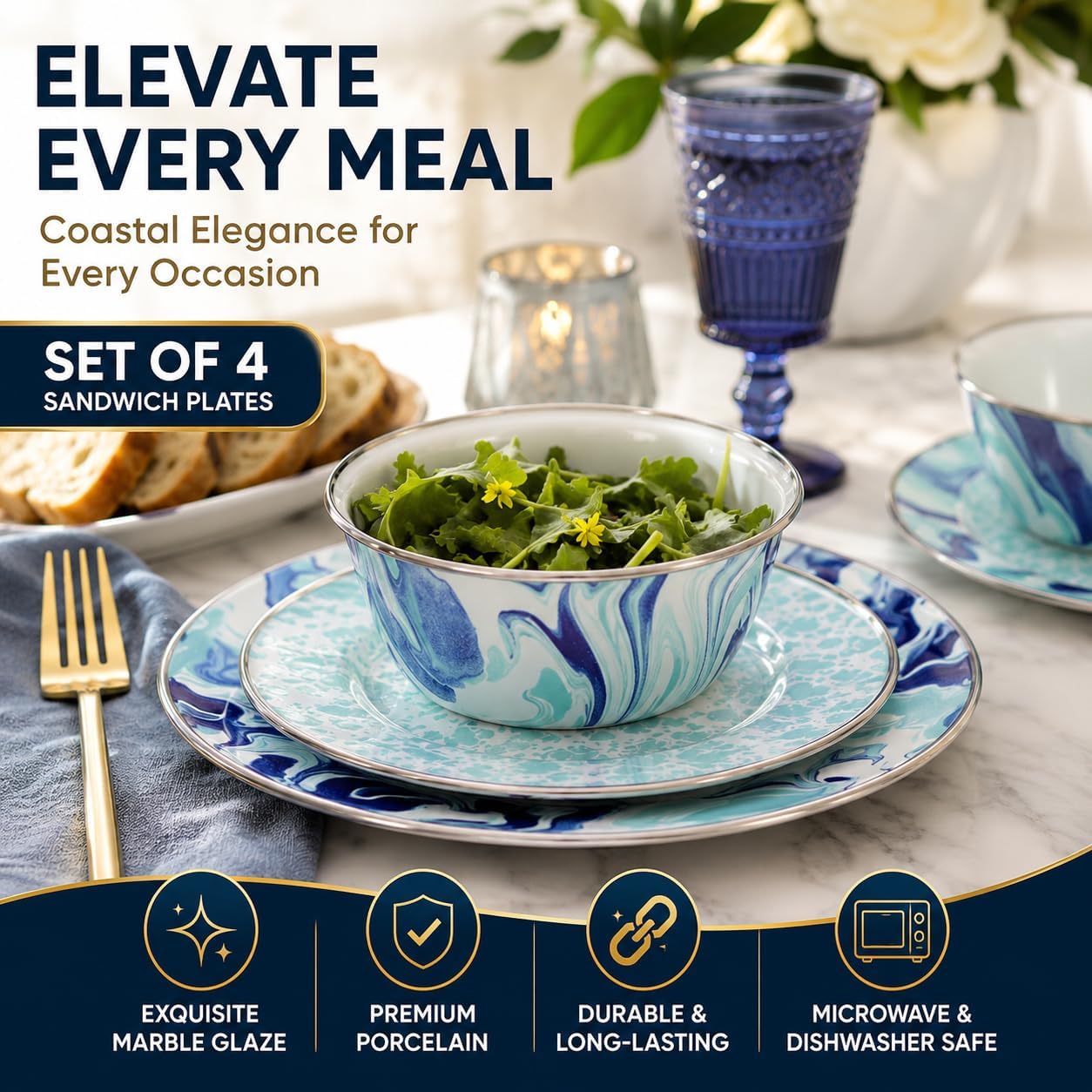 Golden Rabbit Enamelware Sandwich Plates, 8.5 inch, Lagoon, Set of 4