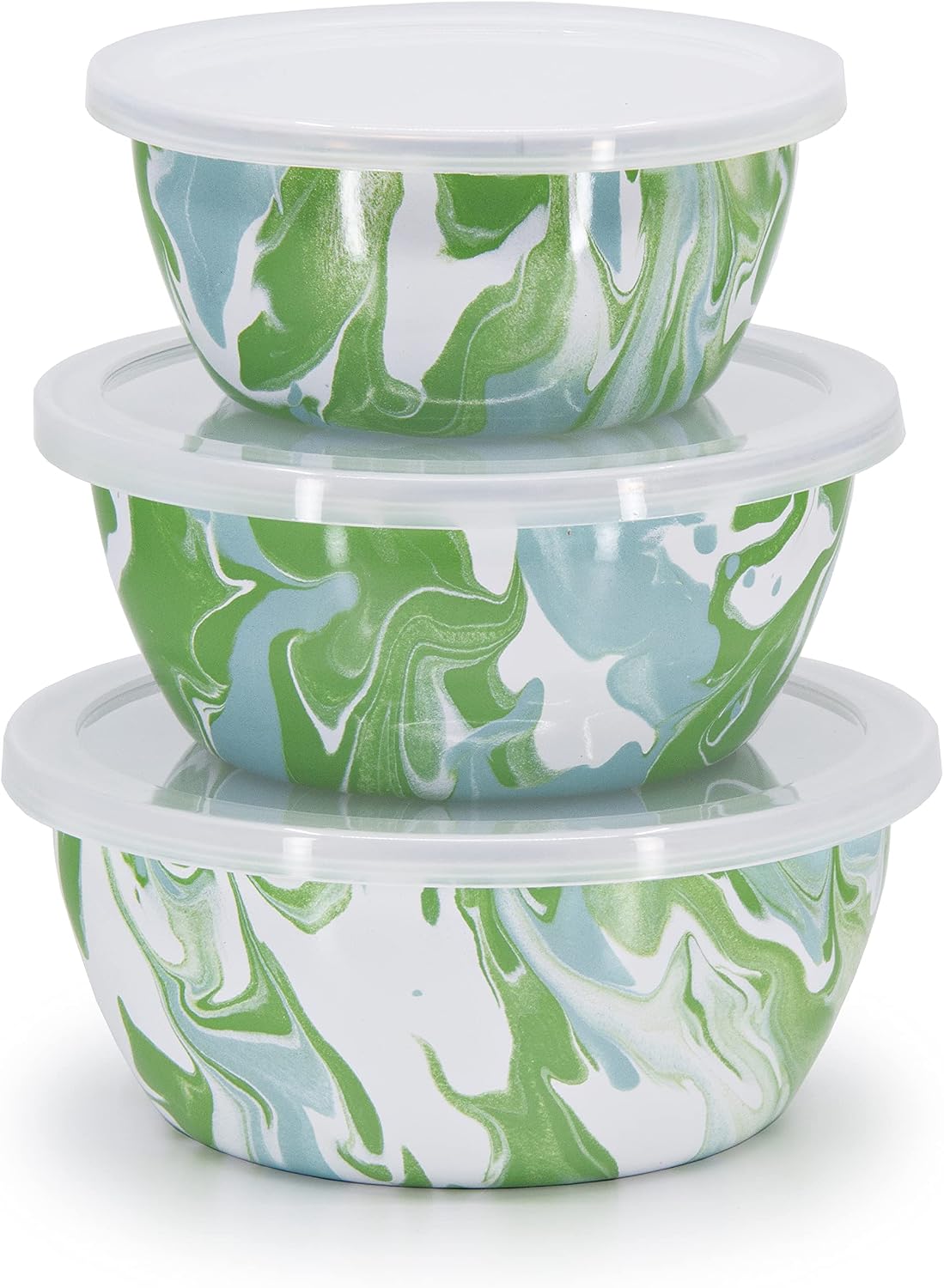 Golden Rabbit Enamelware Nesting Storage Bowls with Lids, Set of 3, Modern Monet