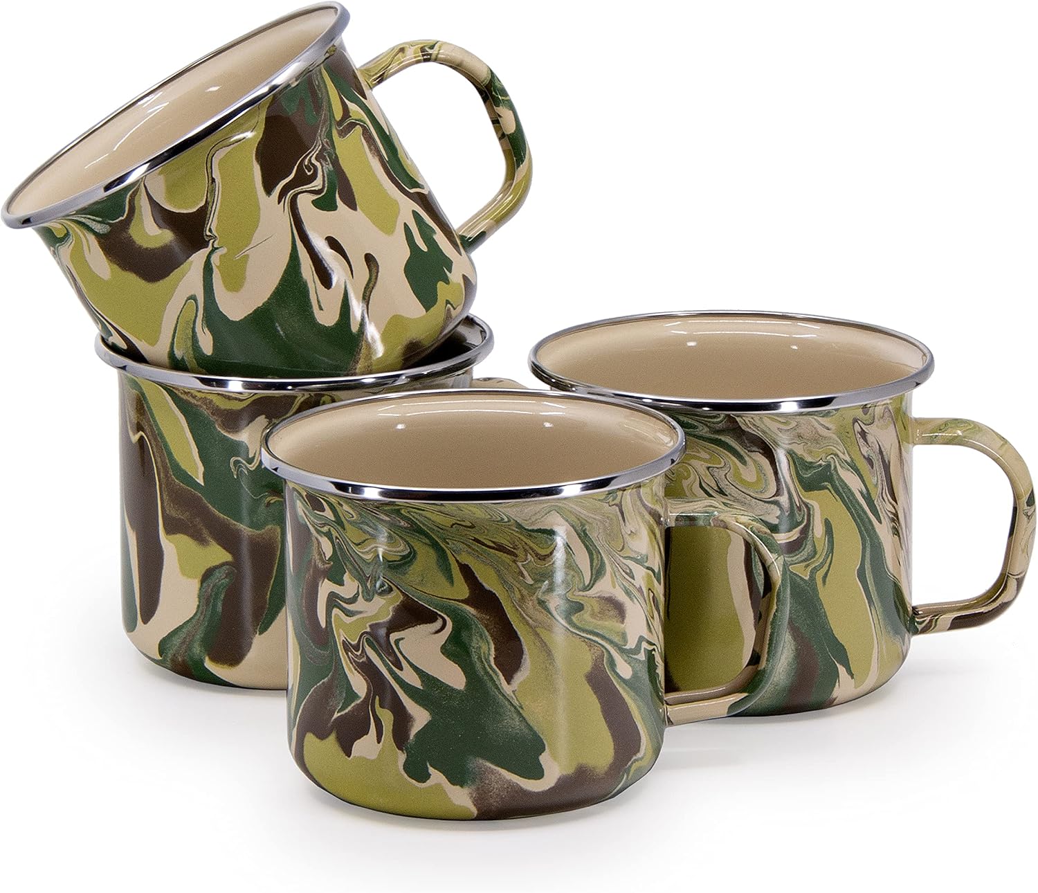 Golden Rabbit Enamelware Grande Coffee or Tea Mugs, 24 ounce, Camouflage, Set of 4