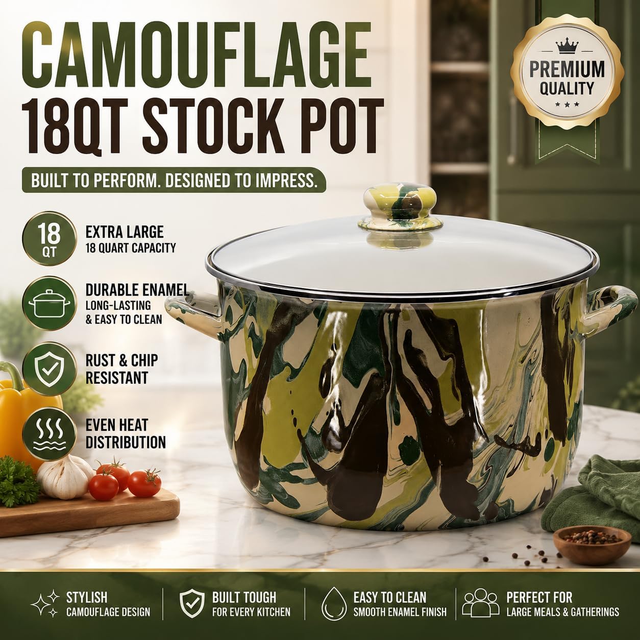 Golden Rabbit Enamelware Soup or Stock Pot, 18 quart, Camouflage