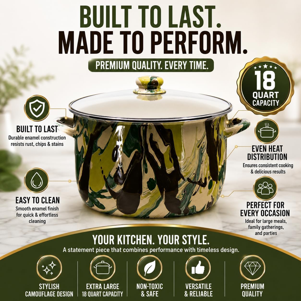 Golden Rabbit Enamelware Soup or Stock Pot, 18 quart, Camouflage