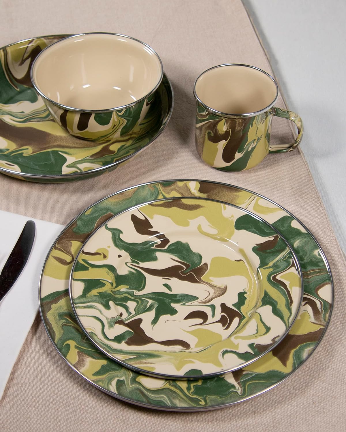 Golden Rabbit Enamelware Pasta Plates, 10 inch, Camouflage, Set of 4
