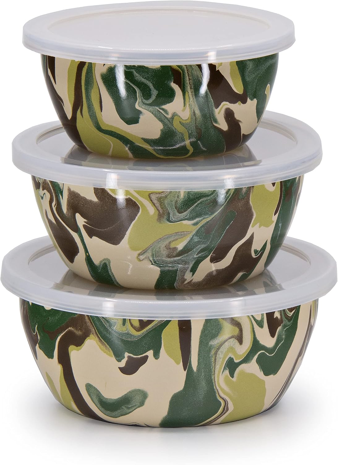Golden Rabbit Enamelware Nesting Storage Bowls with Lids, Set of 3, Camouflage